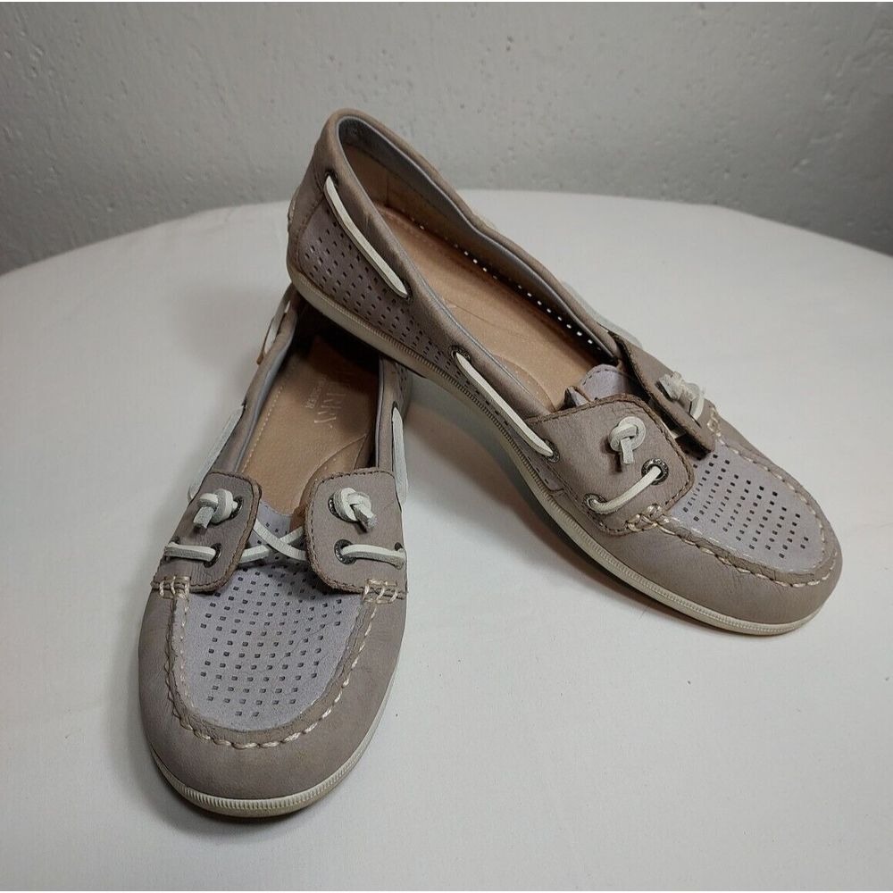 Sperry Top-Sider Women 7 Taupe Perforated Leather Boat Shoes Loafers Preppy